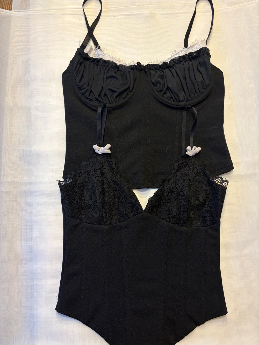 Black Lace-Trim Crop Bodysuit Set - Women's Crop Tops